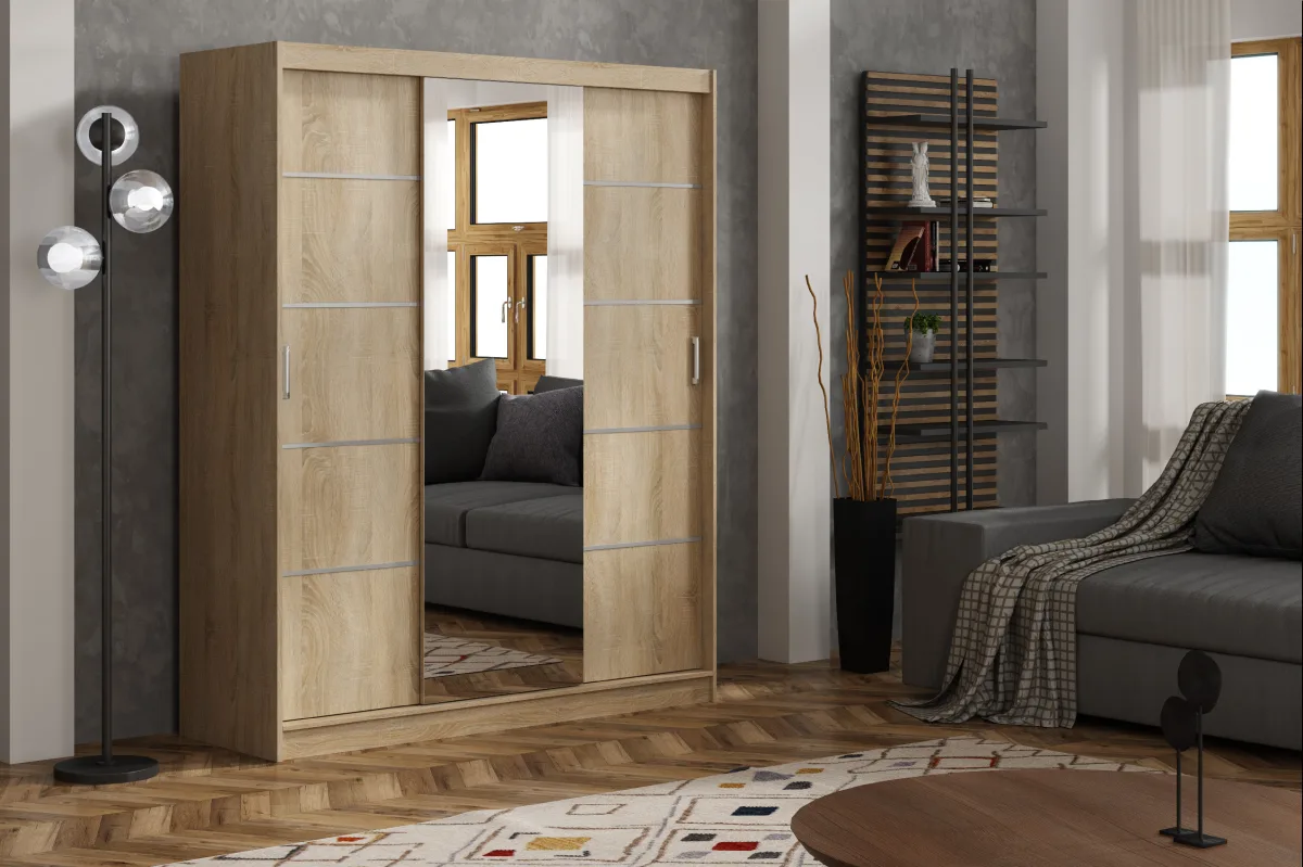 Šatní skříň Rico 3 180 cm – dub sonoma, zrcadlo