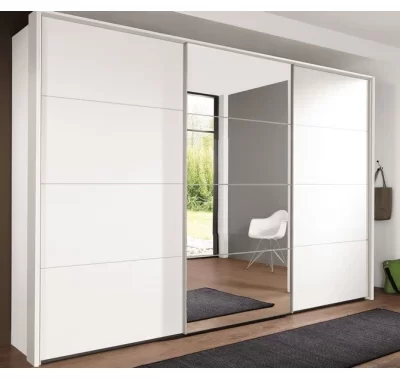 Bílá šatní skříň Ernie se zrcadlem a posuvnými dveřmi