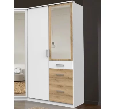 Bílá šatní skříň se zrcadlem a prkenným dubem
