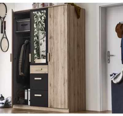 Šatní skříň se zrcadlem Cariba v dub san remo a grafitu