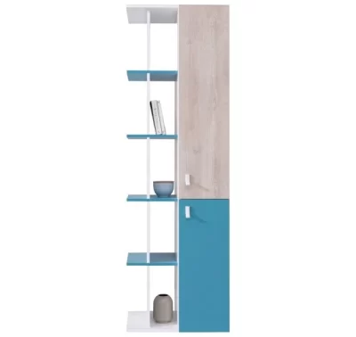 Vysoký regál s dveřmi Planet v dubovém dekoru a modré barvě.