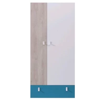 Šatní skříň Planet v dubové, bílé a modré barvě