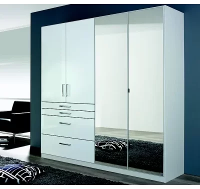 Šatní skříň Homburg s bílým lesklým povrchem a zrcadly