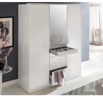 Bílá šatní skříň Aachen s zrcadlem a zásuvkami