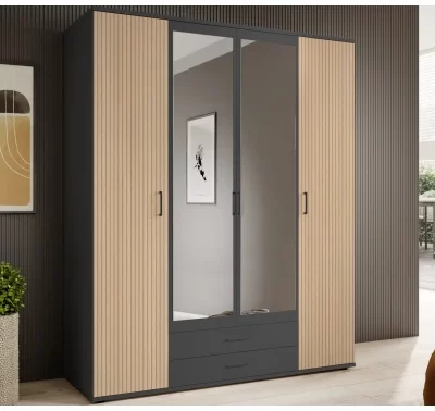 Šatní skříň Laurie v grafitovém provedení s dubovými lamelami