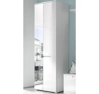 Lesklá bílá šatní skříň se zrcadlem Spice