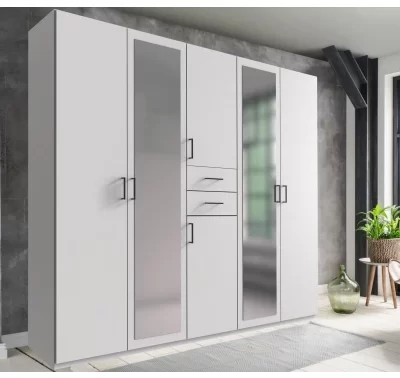 Bílá šatní skříň Düsseldorf se zrcadly a zásuvkami