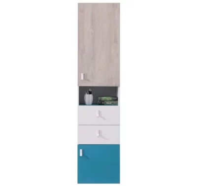 Vysoký regál Planet v dubovém dekoru a modré barvě