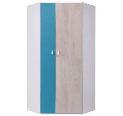 Rohová šatní skříň Planet v dubovém dekoru a modré barvě