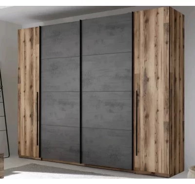 Šatní skříň Sarnia s tmavým betonem a srubovými prkny