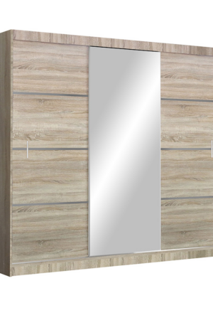 Šatní skříň Vista v dub sonoma s posuvnými dveřmi a zrcadlem.