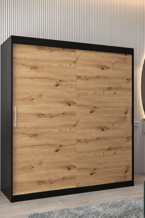 Šatní skříň Abi T0 s černým korpusem a dubovými dveřmi