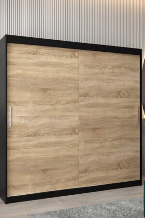 Šatní skříň Abi T0 s černým korpusem a dubovými dveřmi