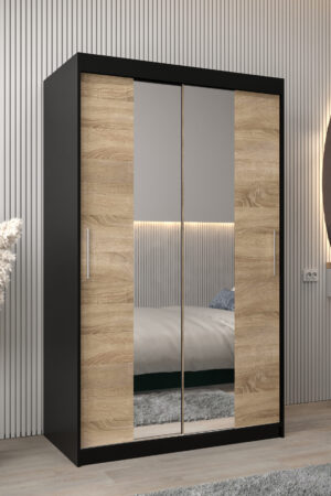 Šatní skříň Abi T1 s černým korpusem a dubovými dveřmi