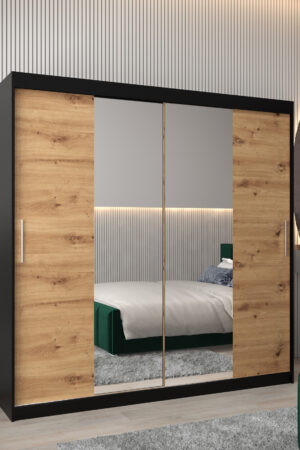 Šatní skříň Abi T1 s černým korpusem a dubovými dveřmi