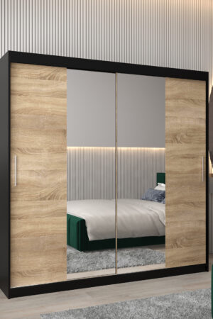 Šatní skříň Abi T1 s černým korpusem a dubovými dveřmi