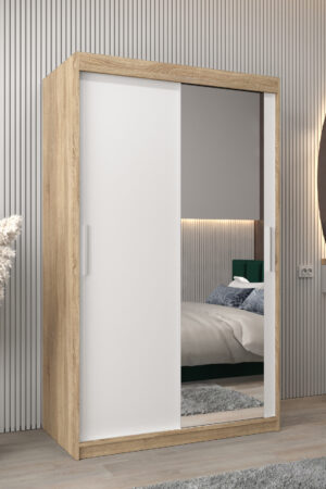 Šatní skříň Abi T2 v dekoru dub sonoma s bílými dveřmi.