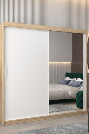 Šatní skříň Abi T2 s bílými dveřmi a dubovým korpusem.