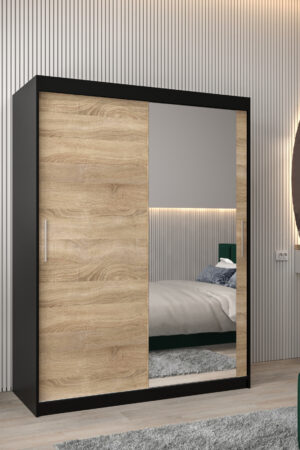 Šatní skříň Abi T2 v černé barvě s dubovými dveřmi