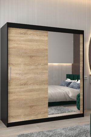 Šatní skříň Abi T2 s černým korpusem a dubovými dveřmi