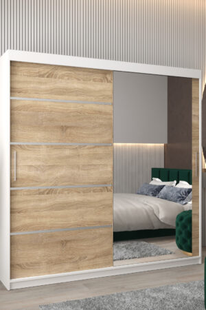 Šatní skříň Abi V2 bílá s posuvnými dveřmi dub sonoma