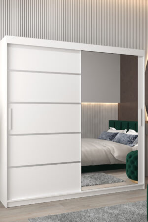 Bílá šatní skříň Abi V2 s posuvnými dveřmi a zrcadlem.