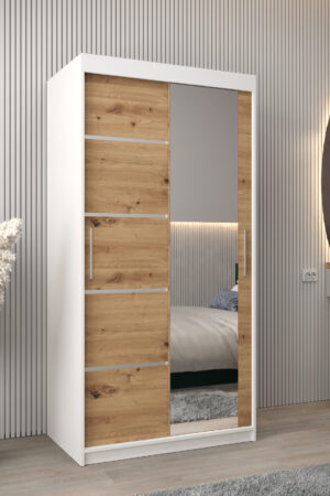 Šatní skříň Abi V2 v bílé barvě s dubovými dveřmi