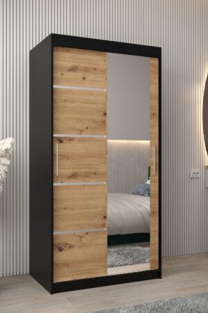 Šatní skříň Abi V2 v černé barvě s dubovými dveřmi.