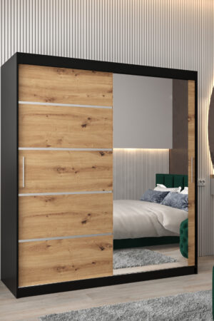 Šatní skříň Abi V2 v černé barvě s dubovými dveřmi