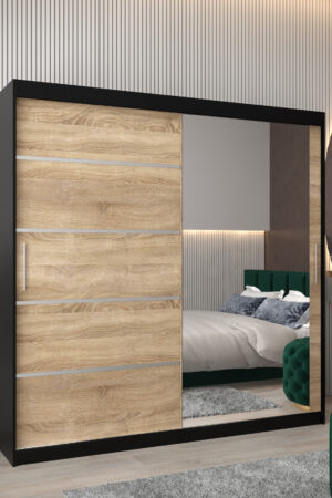 Šatní skříň Abi V2 s černým korpusem a dubovými dveřmi