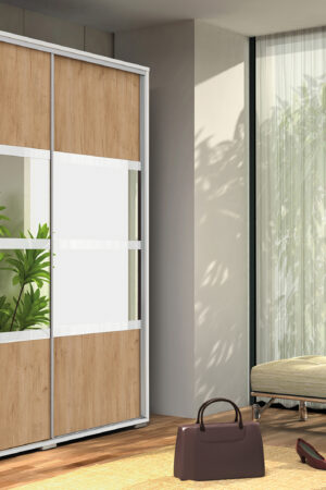 Šatní skříň Ska A9 v bílé barvě s dubovými dveřmi