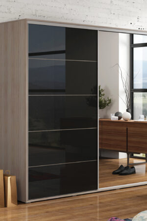 Šatní skříň Ska A11 v dubu sonoma s černými lesklými dveřmi