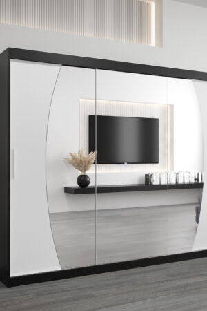 Šatní skříň Abi E0 černá s bílými dveřmi a zrcadlem