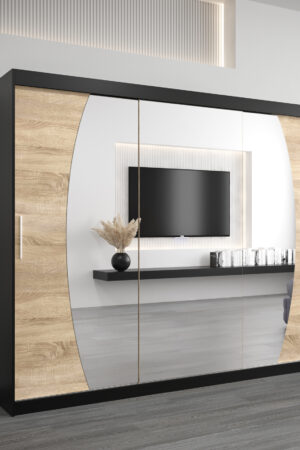 Šatní skříň Abi E0 s černým korpusem a dubovými dveřmi.