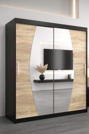 Šatní skříň Abi E0 s černým korpusem a dubovými dveřmi