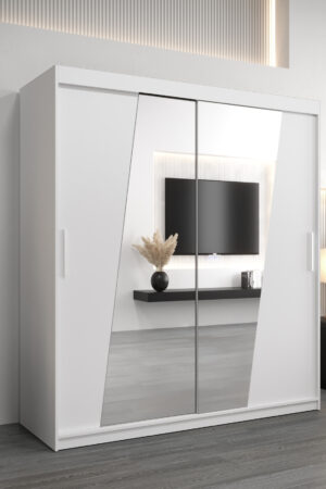 Šatní skříň Abi R0 s bílými posuvnými dveřmi a zrcadlem.