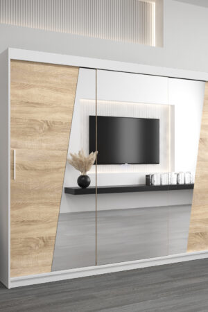 Šatní skříň Abi R0 v bílé barvě s dubovými dveřmi