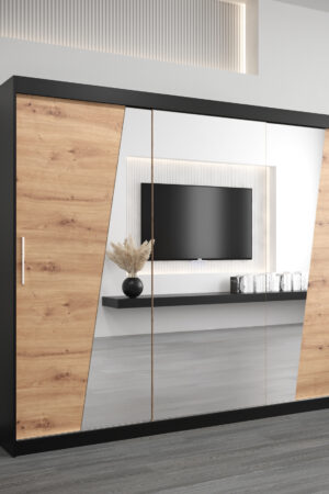 Šatní skříň Abi R0 v černé barvě s dubovými dveřmi