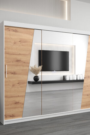 Šatní skříň Abi R0 v bílé barvě s dubovými dveřmi