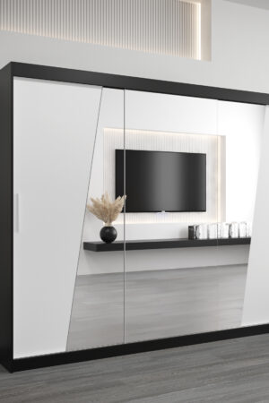 Moderní šatní skříň Abi R0 s černým korpusem a bílými dveřmi