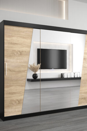 Šatní skříň Abi R0 s černým korpusem a dubovými dveřmi.