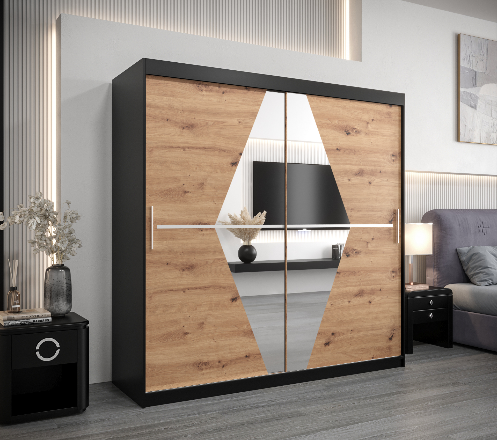 Šatní skříň Abi Bo s černým korpusem a dubovými dveřmi