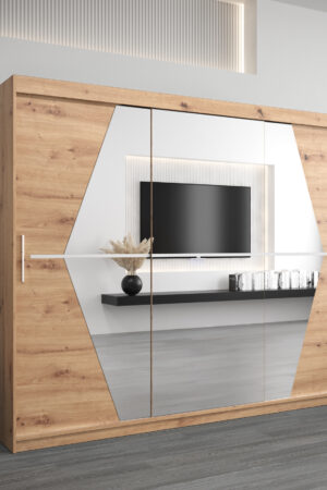 Šatní skříň Abi Bo s posuvnými dveřmi a zrcadlem v dub artisan