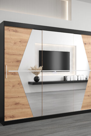 Šatní skříň Abi Bo v černé barvě s dub artisan dveřmi