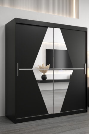 Černá šatní skříň Abi Bo s posuvnými dveřmi a zrcadlem.