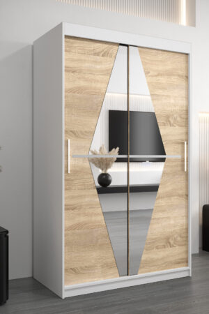 Šatní skříň Abi Bo v bílé barvě s dubovými dveřmi sonoma