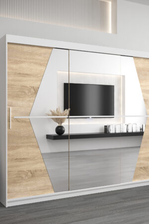 Šatní skříň Abi Bo s bílým korpusem a dubovými dveřmi