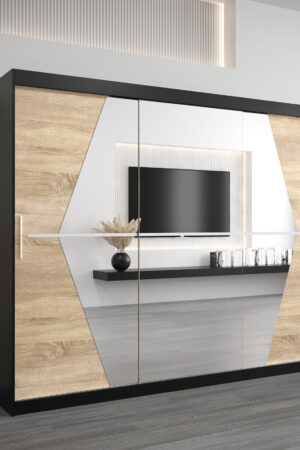 Šatní skříň Abi Bo v černé barvě s dubovými dveřmi