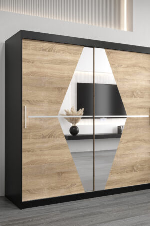 Šatní skříň Abi Bo v černé barvě se zrcadlem.