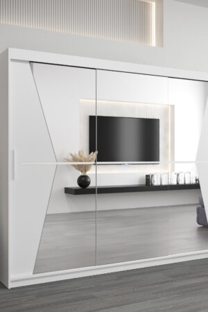 Šatní skříň Abi Ma s bílými posuvnými dveřmi a zrcadlem.